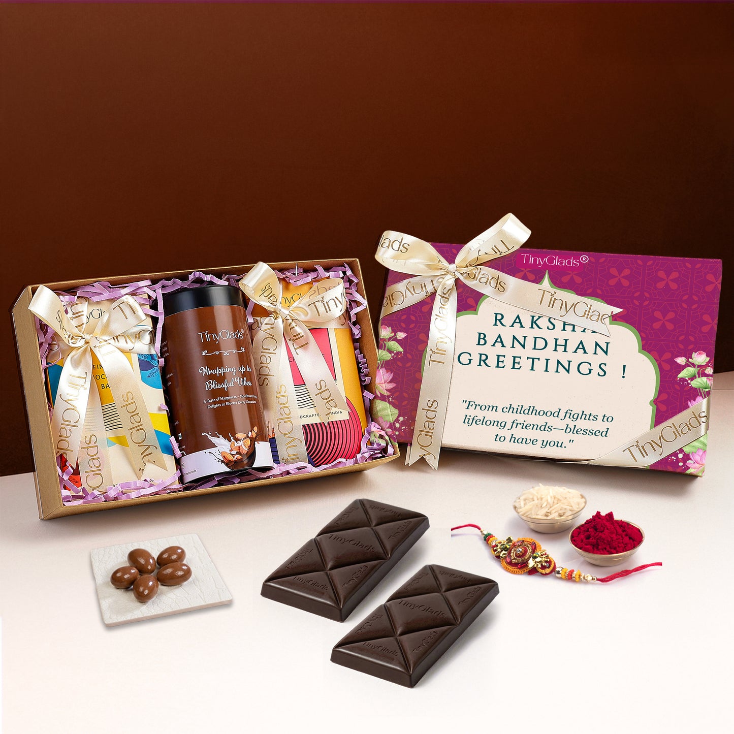 Premium Rakhi Gift Box with Chocolate Bars, Jars & Tilak