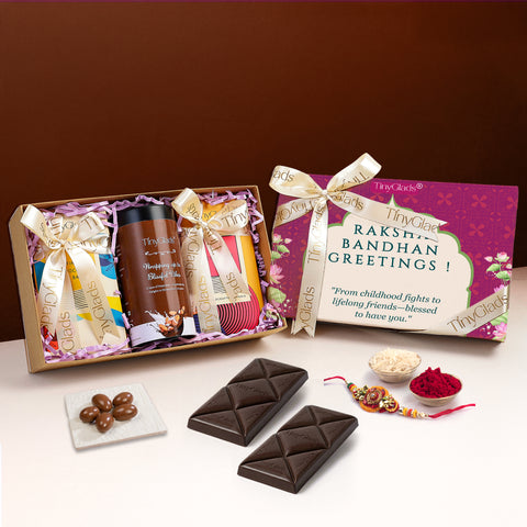 Premium Rakhi Gift Box with Chocolate Bars, Jars & Tilak