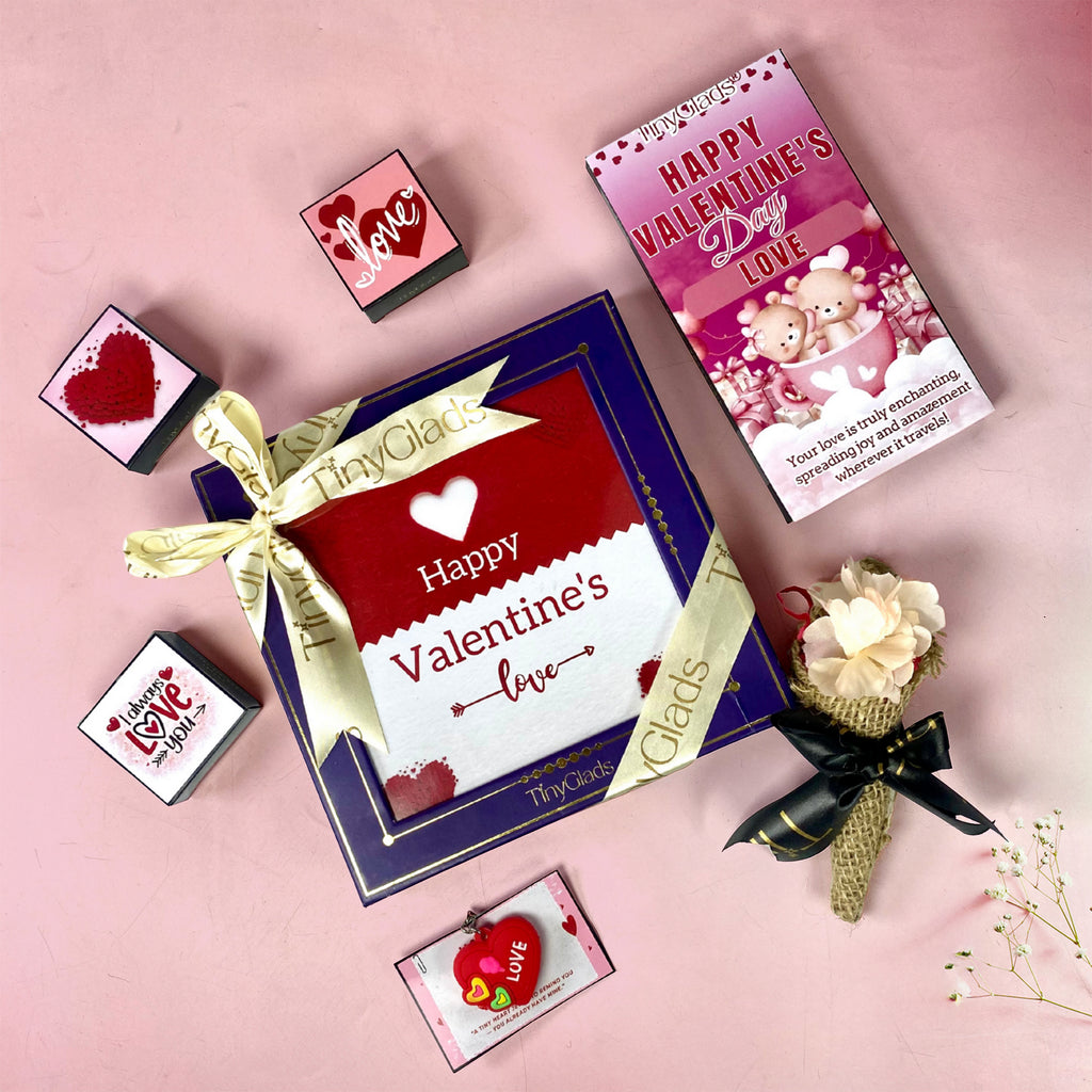 Valentine chocolate hamper featuring premium chocolate bar, assorted truffles and sweet cookies