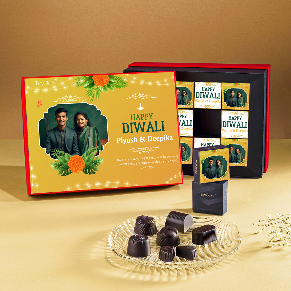 Red Luxury Diwali Photo Chocolate Box – 12 Premium Chocolate Truffles