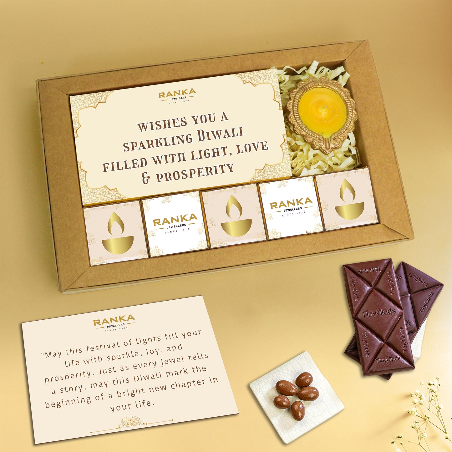 Khadi Organic Diwali Gift Box – Chocolate Bar, 5 Truffles & Diya