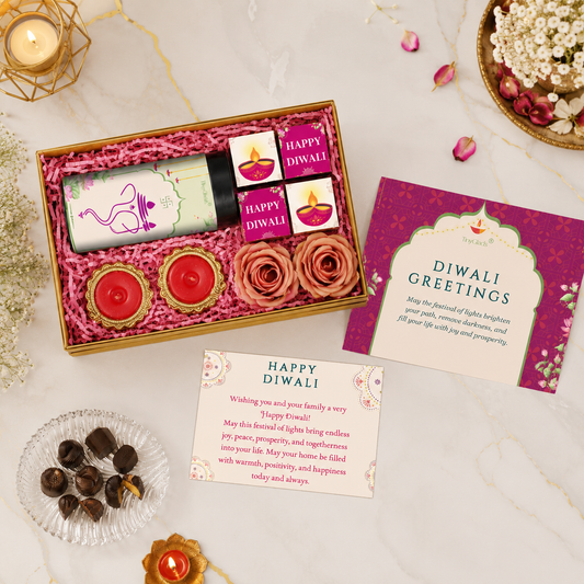 Luxury Diwali Gift Box | Chocolate Jar, 4 Truffles, 2 Diyas & Roses