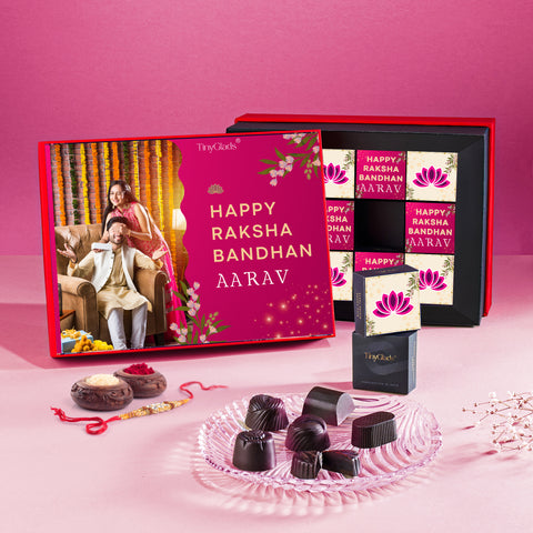 Red Elegance Rakhi Box – Personalized Chocolate & Rakhi Gift Set