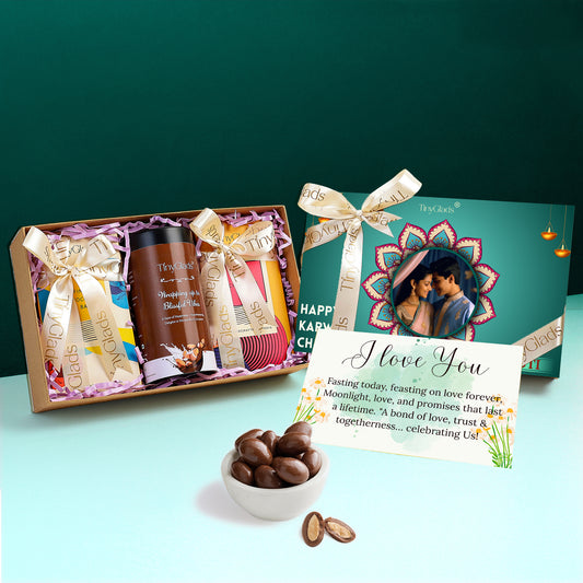 Custom Photo Karwa Chauth Gift Box with 2 Chocolate Bars & 1 Gourmet Jar