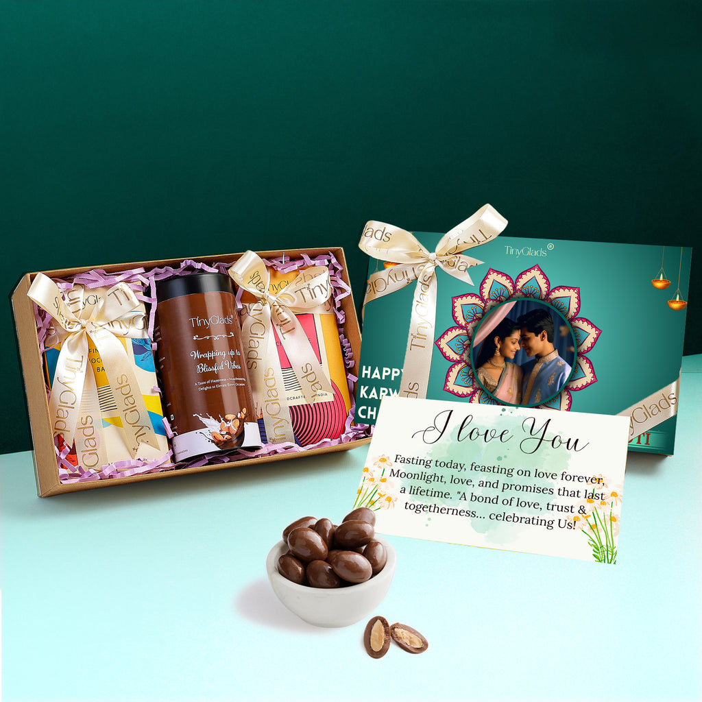 Custom Photo Karwa Chauth Gift Box with 2 Chocolate Bars & 1 Gourmet Jar