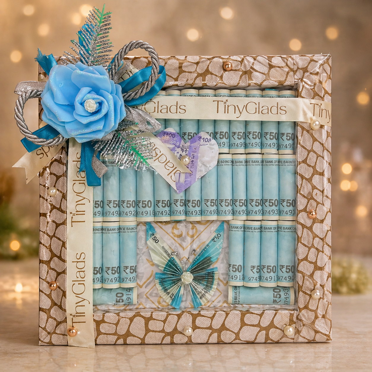 TinyGlads Luxury Money Tray | Blue Floral Shagun Gift