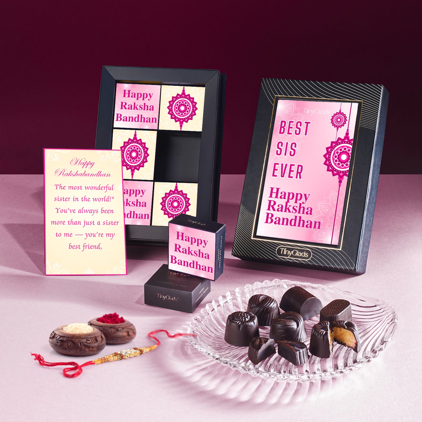 TinyGlads Pink Edition Rakhi Chocolate Box | 6 Gourmet Truffles