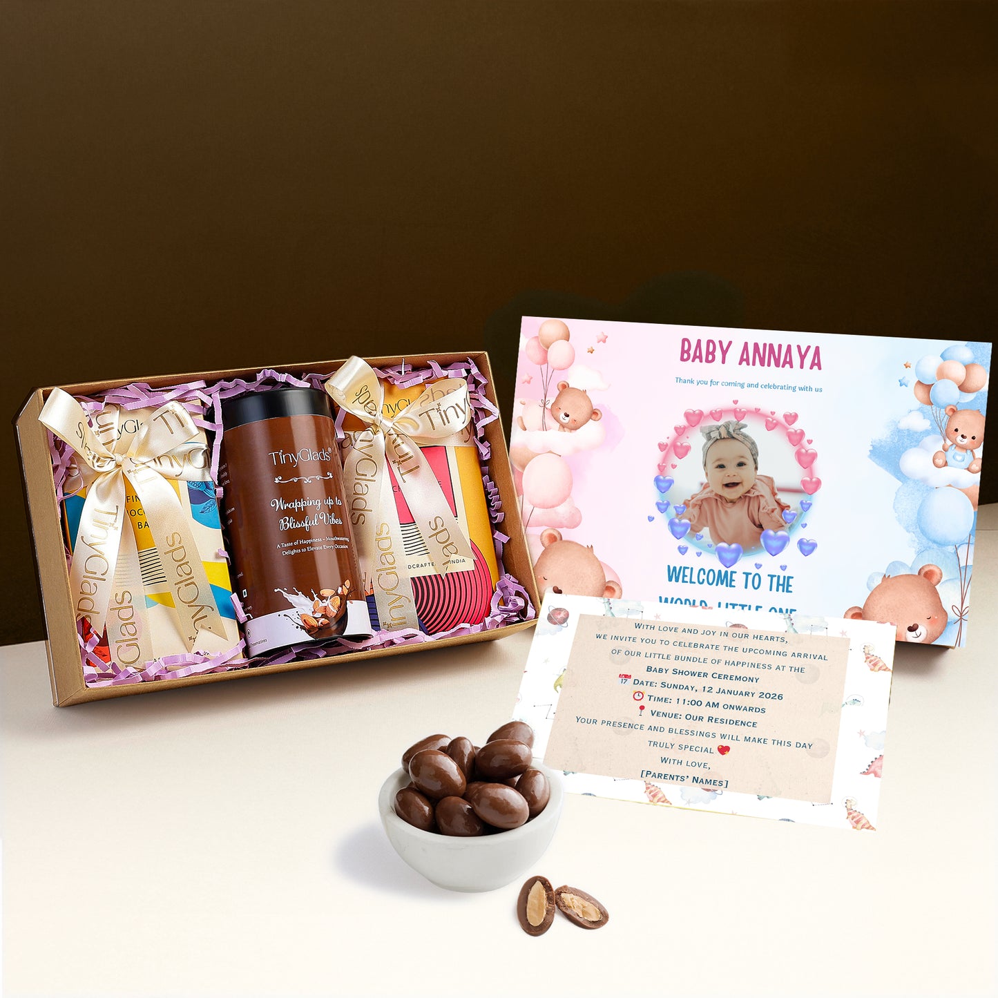 Personalised Baby Shower Chocolate Gift Box with Photo, 2 Bars & 1 Jar