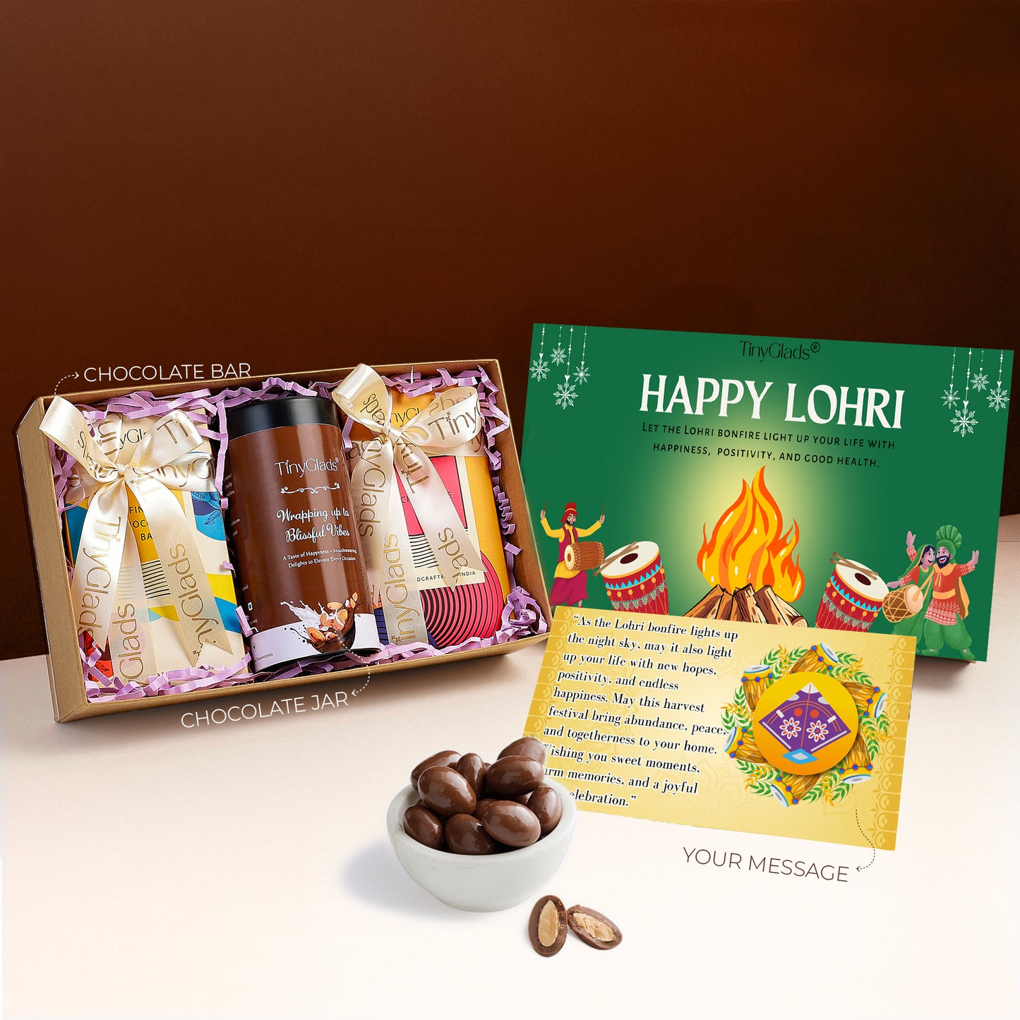 TinyGlads Signature Lohri Chocolate Hamper | 2 Chocolate Bars & Gourmet Jar