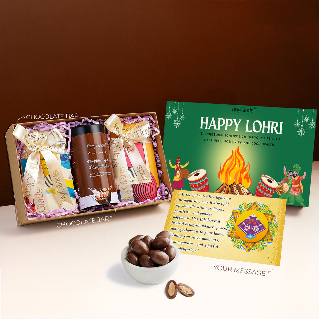 TinyGlads Signature Lohri Chocolate Hamper | 2 Chocolate Bars & Gourmet Jar