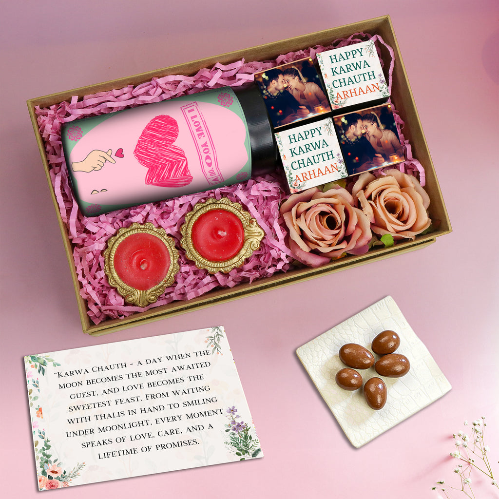 Unique Photo Karwa Chauth Gift Box with 1 Gourmet Jar, 4 Handcrafted Truffles & 2 Decorative Diyas