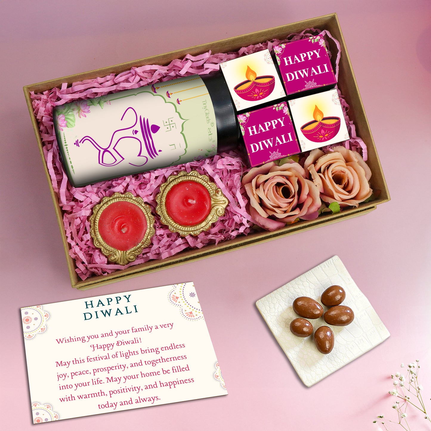 Luxury Diwali Gift Box – Chocolate Jar, 4 Truffles, 2 Diyas & Roses