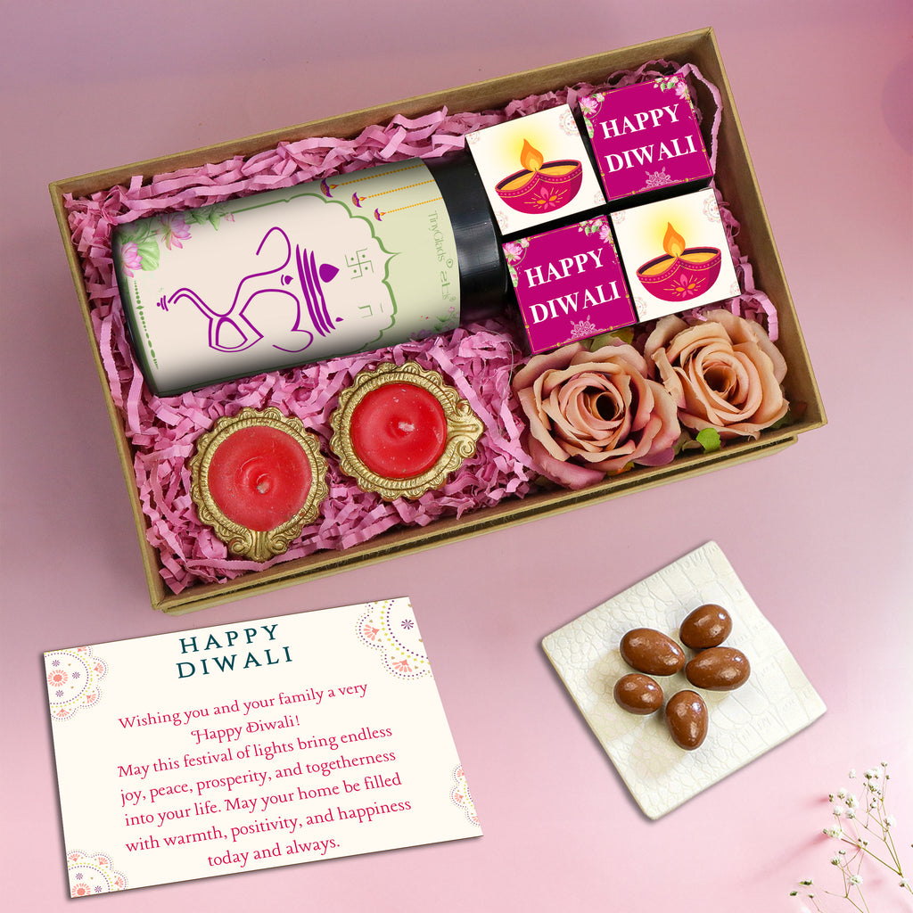 Luxury Diwali Gift Box – Chocolate Jar, 4 Truffles, 2 Diyas & Roses