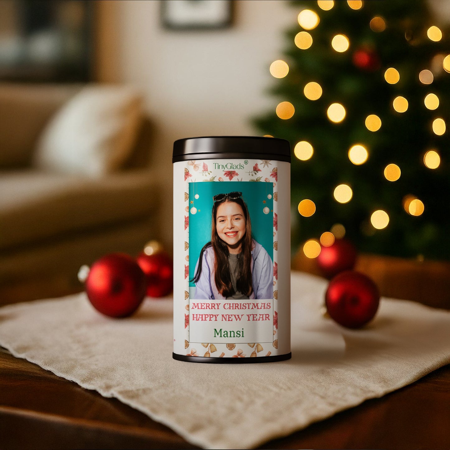 TinyGlads Personalized Christmas Photo Chocolate Jar | Custom Holiday Gift | 12 Assorted Chocolates | 250g