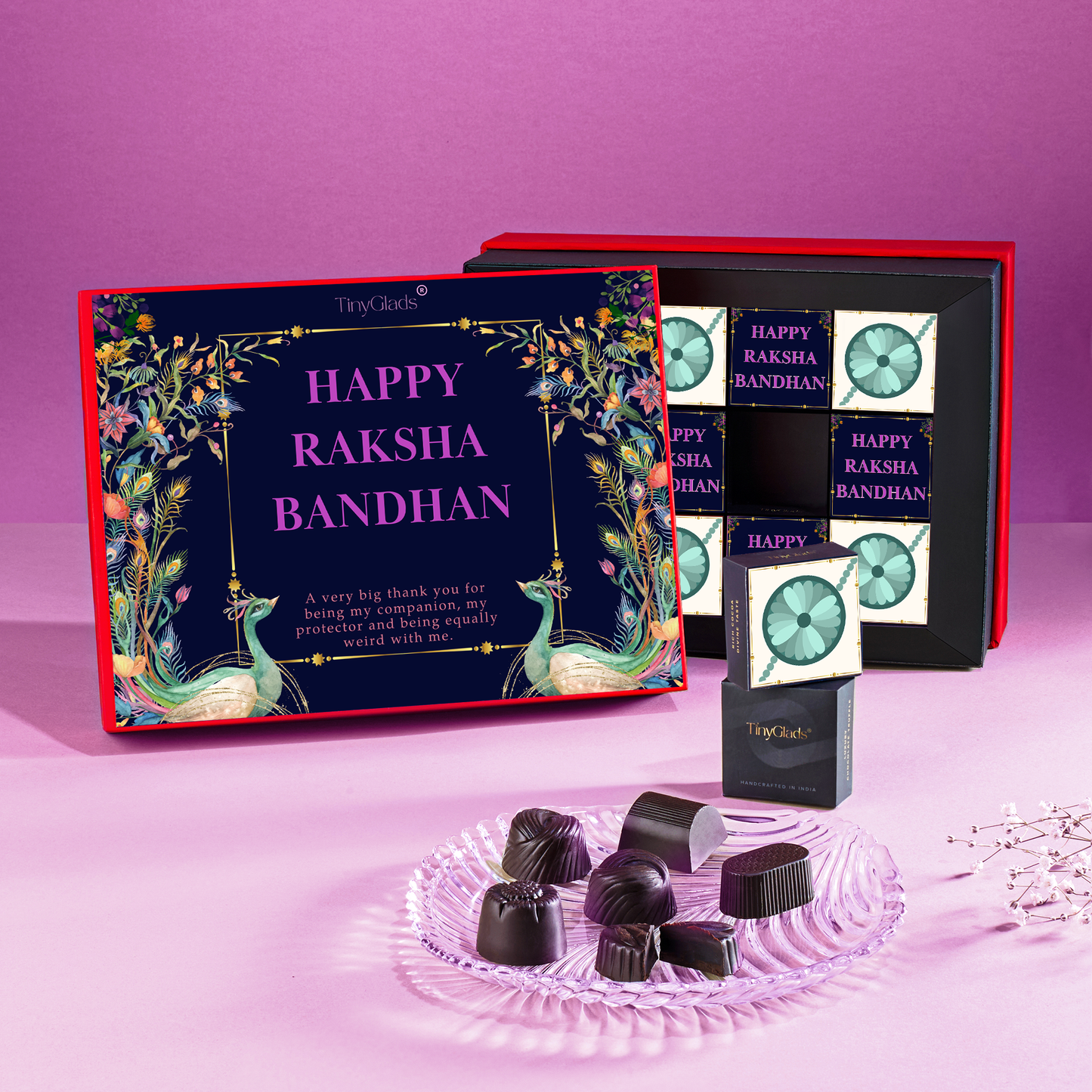 TinyGlads Royal Red Rakhi Chocolate Gift Box | 12 Gourmet Truffles