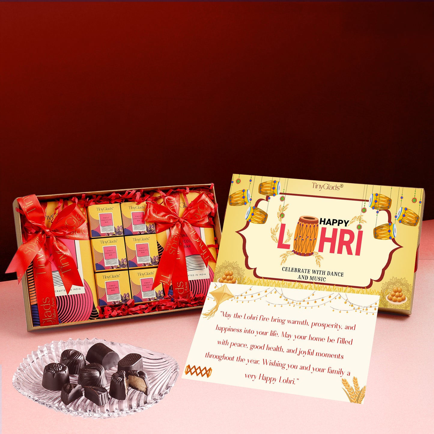 TinyGlads Lohri Celebration Chocolate Gift Box | 6 Assorted Truffles & 2 Chocolate Bars