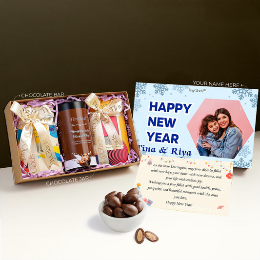 TinyGlads Customized Happy New Year Chocolate Gift Box | 2 Bars & 1 Jar