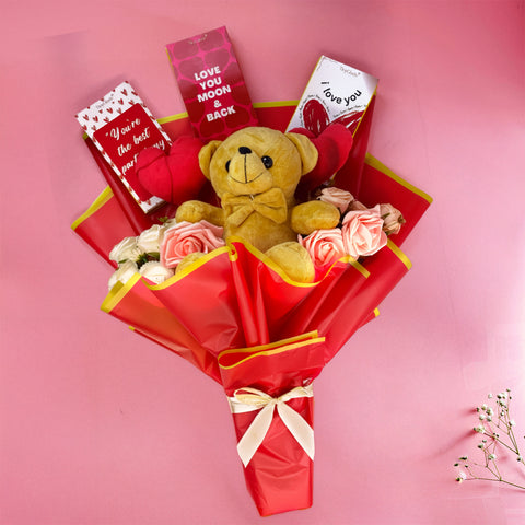 Love You Chocolate Bouquet with Teddy, Heart Soft Toy & Flowers