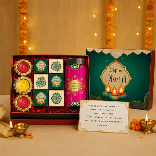 Premium Diwali Gift Box – Chocolate Jar, 6 Truffles & 3 Diyas