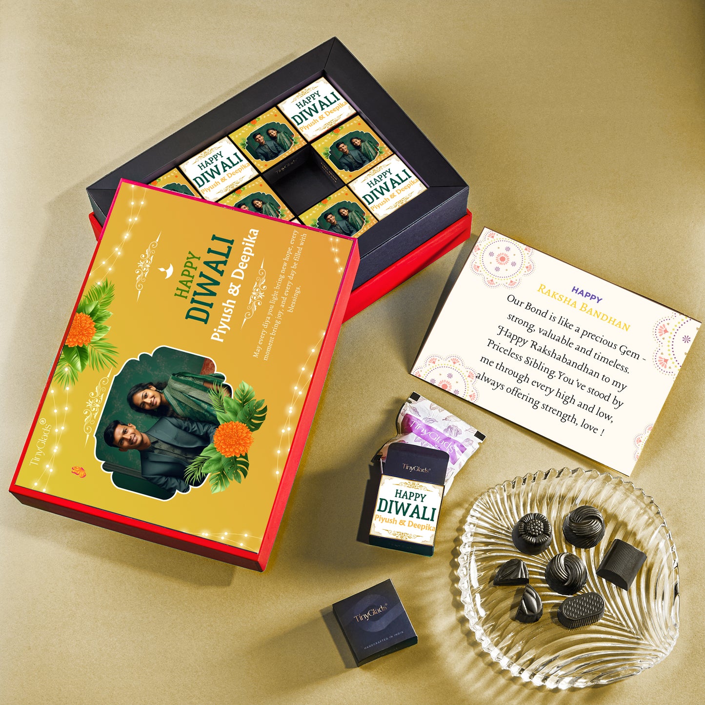Red Luxury Diwali Photo Chocolate Box – 12 Premium Chocolate Truffles