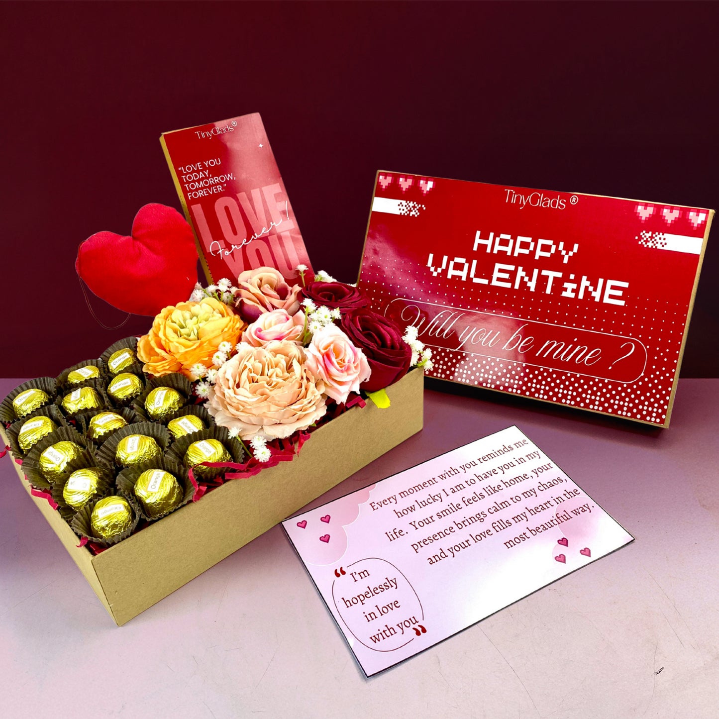 Valentine chocolate gift hamper featuring handmade chocolate truffle box and love message card