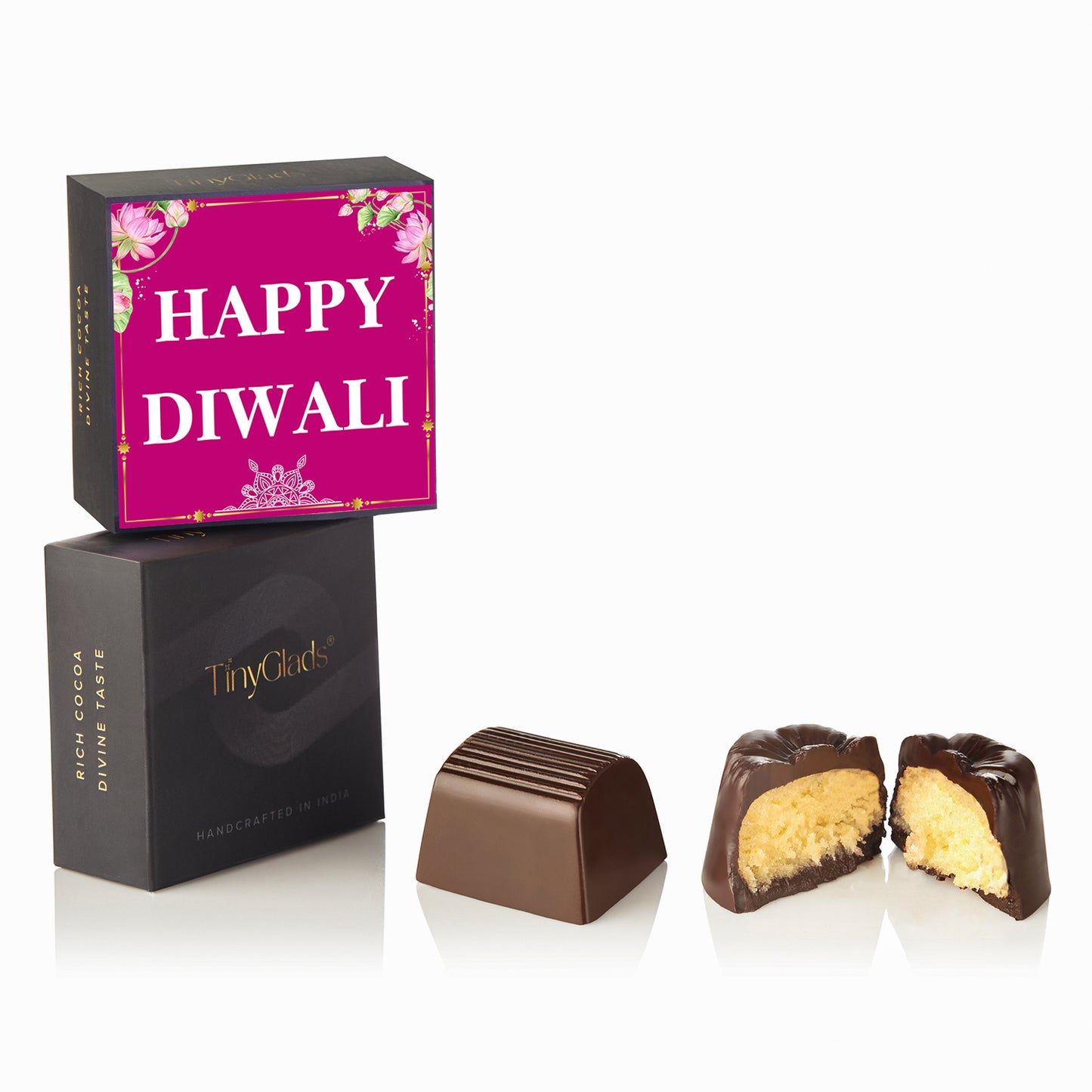 Luxury Diwali Gift Box – Chocolate Jar, 4 Truffles, 2 Diyas & Roses
