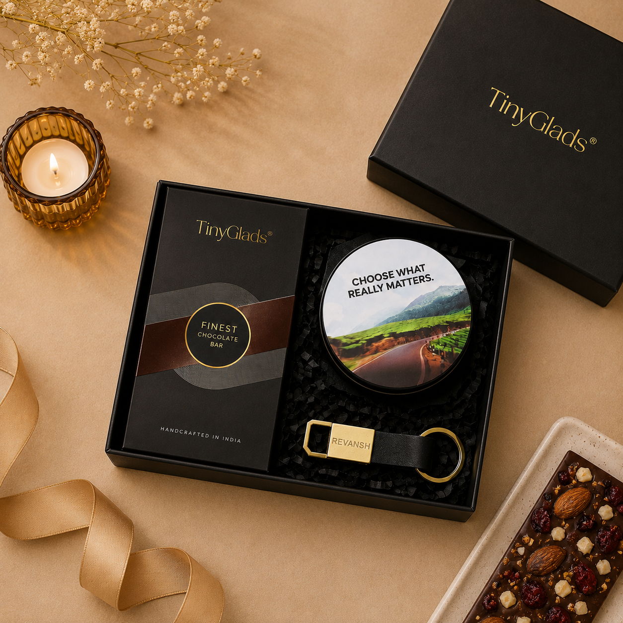 Corporate Gift Box with Chocolate Bar, Coaster & Keychain