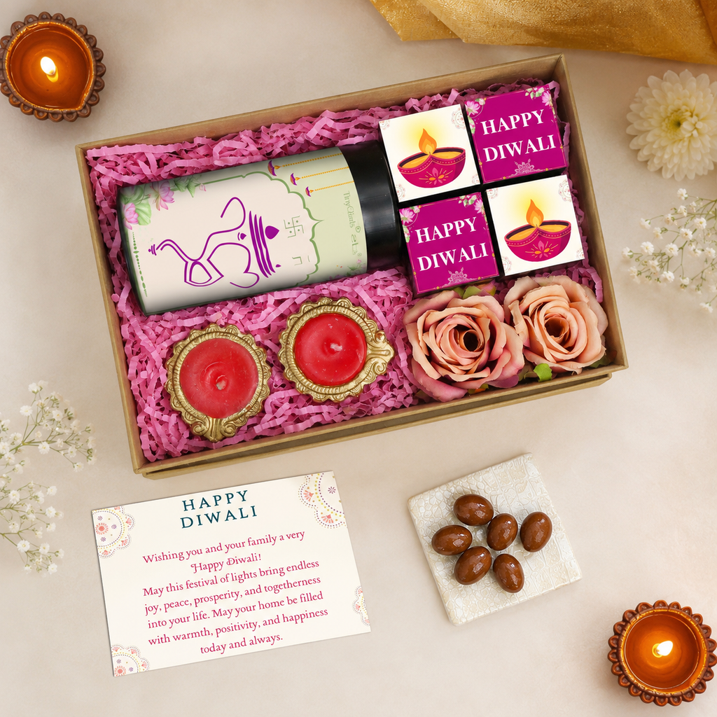 Luxury Diwali Gift Box | Chocolate Jar, 4 Truffles, 2 Diyas & Roses
