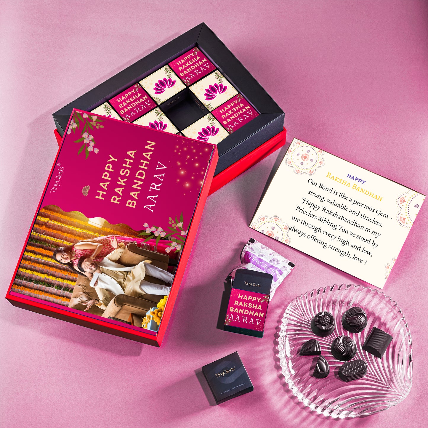 Red Elegance Rakhi Box – Personalized Chocolate & Rakhi Gift Set
