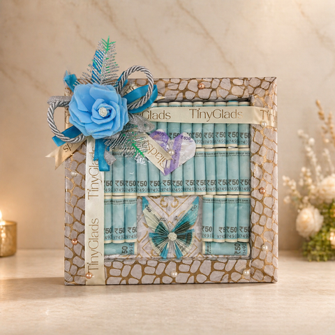 TinyGlads Luxury Money Tray | Blue Floral Shagun Gift