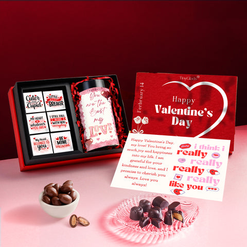 Romantic Valentine chocolate hamper featuring handcrafted 6-piece truffle collection and jar