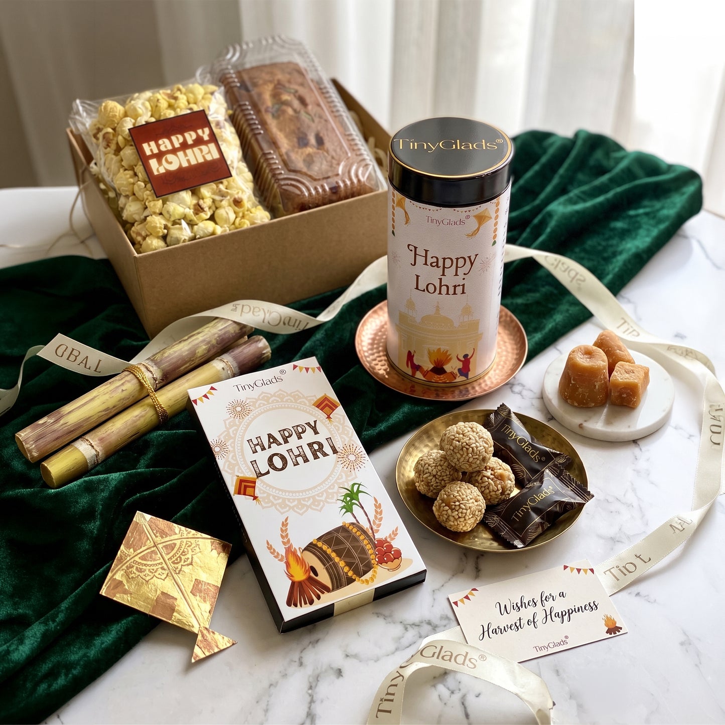 Lohri Gourmet Gift Box | Chocolate Bar , Chocolate Jar , Dry Cake, Milky Rabri, Crunchy Peanuts & Salted Popcorn