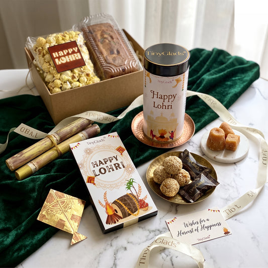 Lohri Gourmet Gift Box | Chocolate Bar , Chocolate Jar , Dry Cake, Milky Rabri, Crunchy Peanuts & Salted Popcorn
