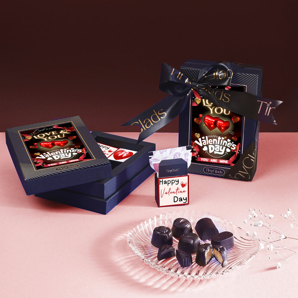 Elegant Valentine chocolate gift with 6 gourmet truffles in a luxury love chocolate box