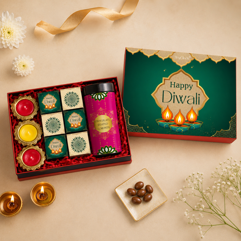 Premium Diwali Gift Box – Chocolate Jar, 6 Truffles & 3 Diyas