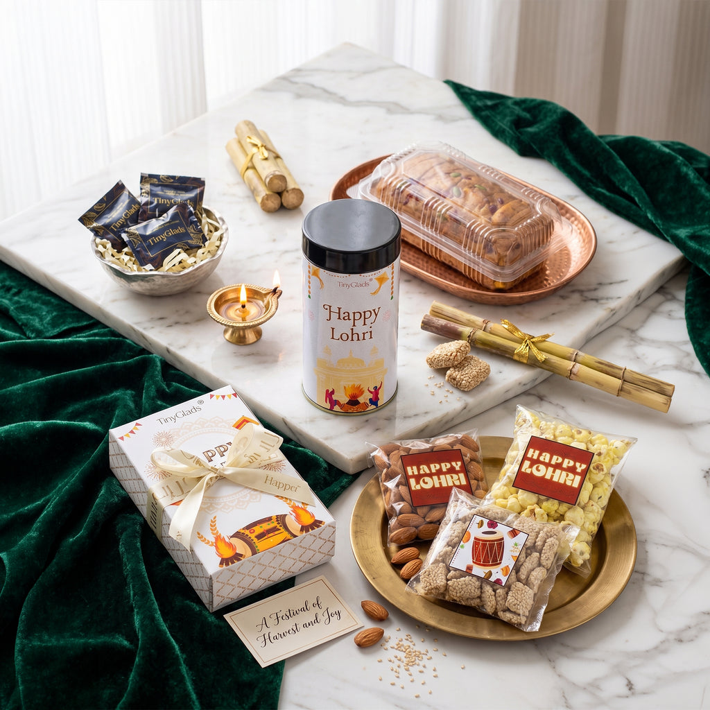 Lohri Gourmet Gift Box | Chocolate Bar , Chocolate Jar , Dry Cake, Milky Rabri, Crunchy Peanuts & Salted Popcorn