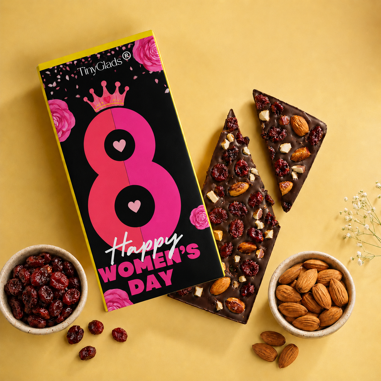 TinyGlads Midnight Bloom Women's Day Chocolate Bar | Almond & Cranberry | 80g