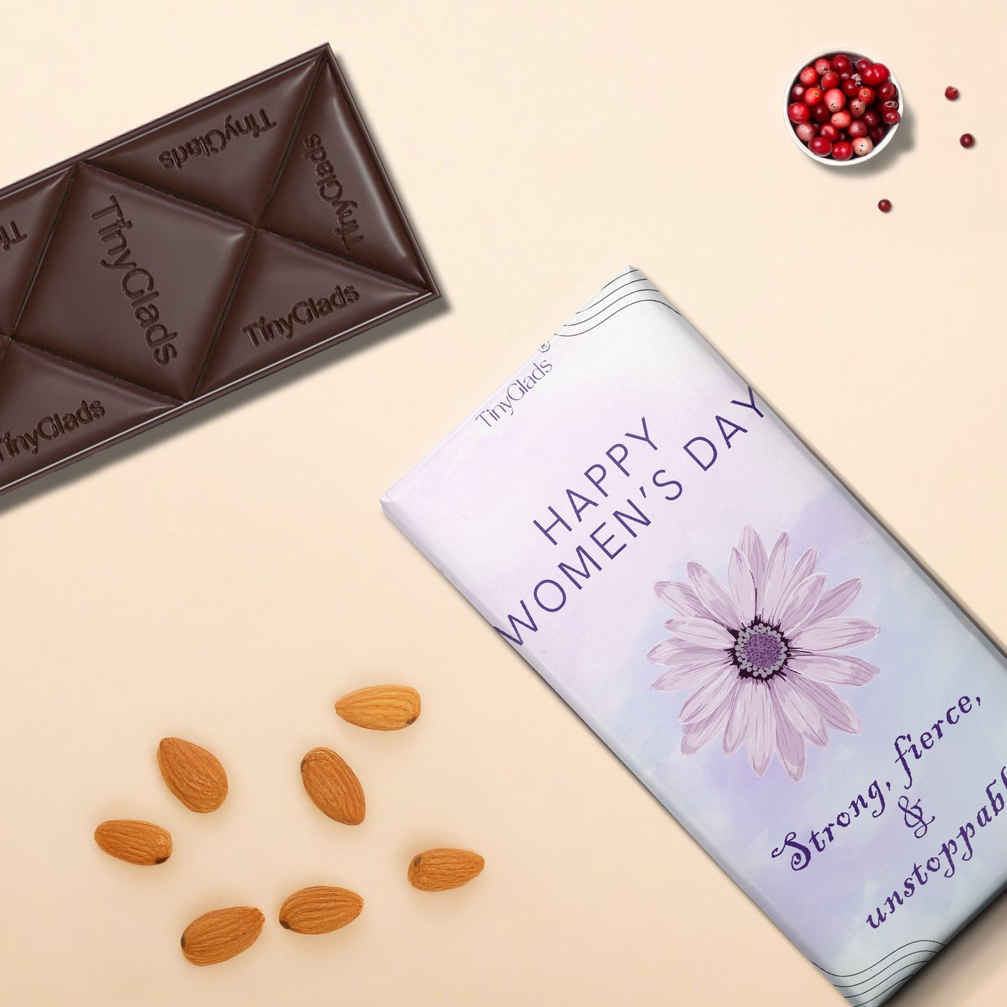 TinyGlads Women's Day Floral Chocolate Bar | Almond & Cranberry | 80g