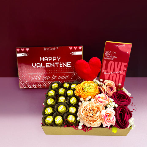 Premium chocolate truffle box arranged with flowers – perfect Valentine chocolate gift hamper