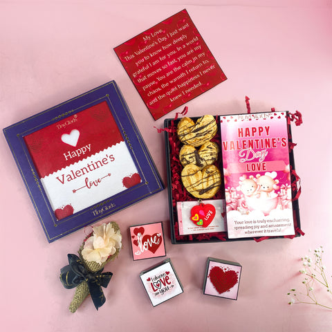 Valentine chocolate hamper gift box with chocolate bar, truffles and cookies for a sweet surprise