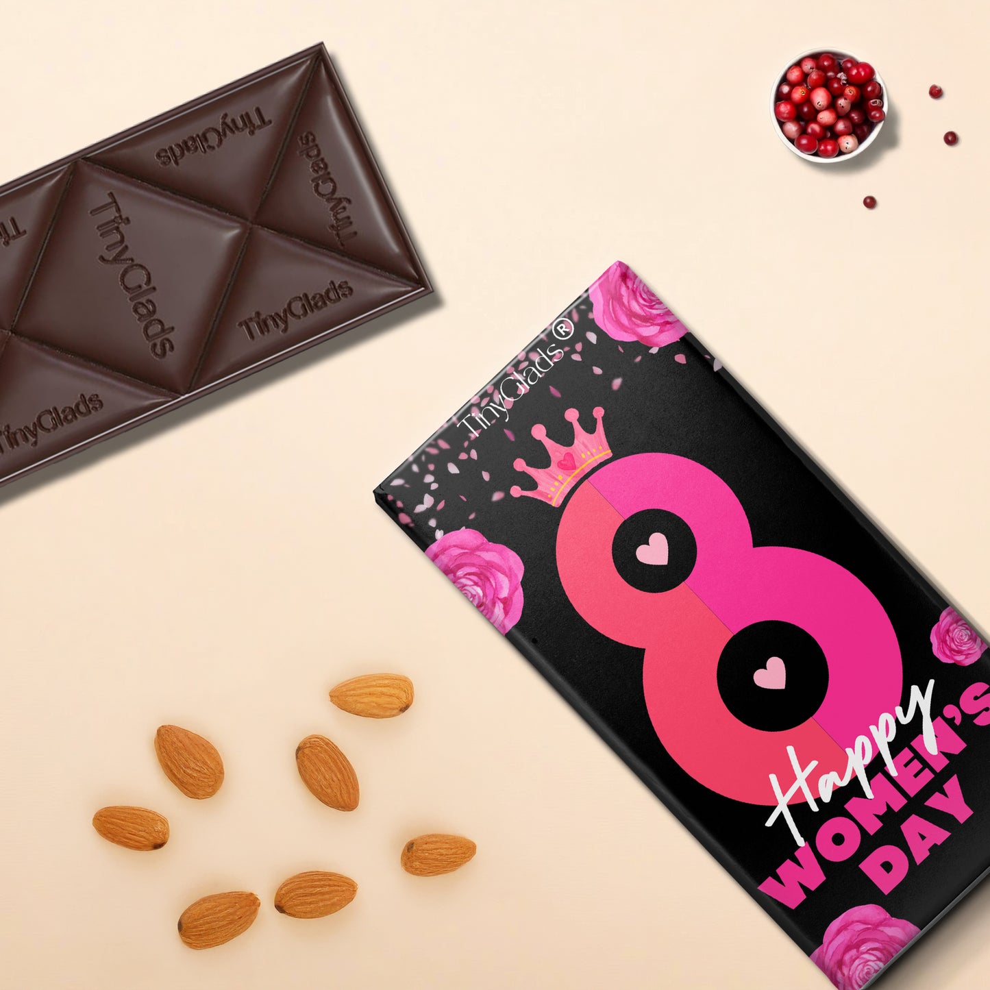 TinyGlads Midnight Bloom Women's Day Chocolate Bar | Almond & Cranberry | 80g