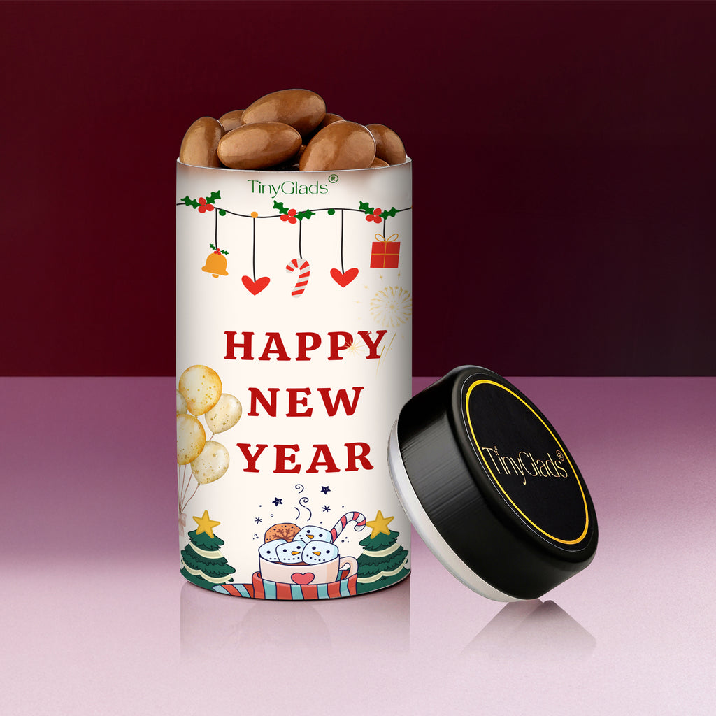 TinyGlads Happy New Year Chocolate Gift Box | 6 Gourmet Truffles & Chocolate Almond Jar