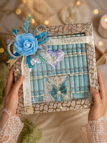 TinyGlads Luxury Money Tray | Blue Floral Shagun Gift