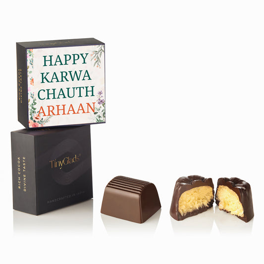 Unique Photo Karwa Chauth Gift Box with 1 Gourmet Jar, 4 Handcrafted Truffles & 2 Decorative Diyas