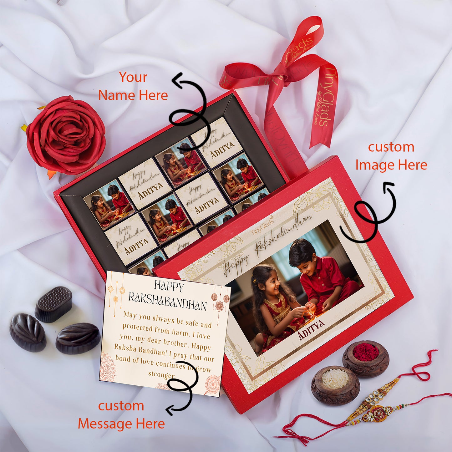 Happy Raksha Bandhan Chocolate Gift Box - Photo frame with 12 Chocolate Truffles, Rakhi and Tilak