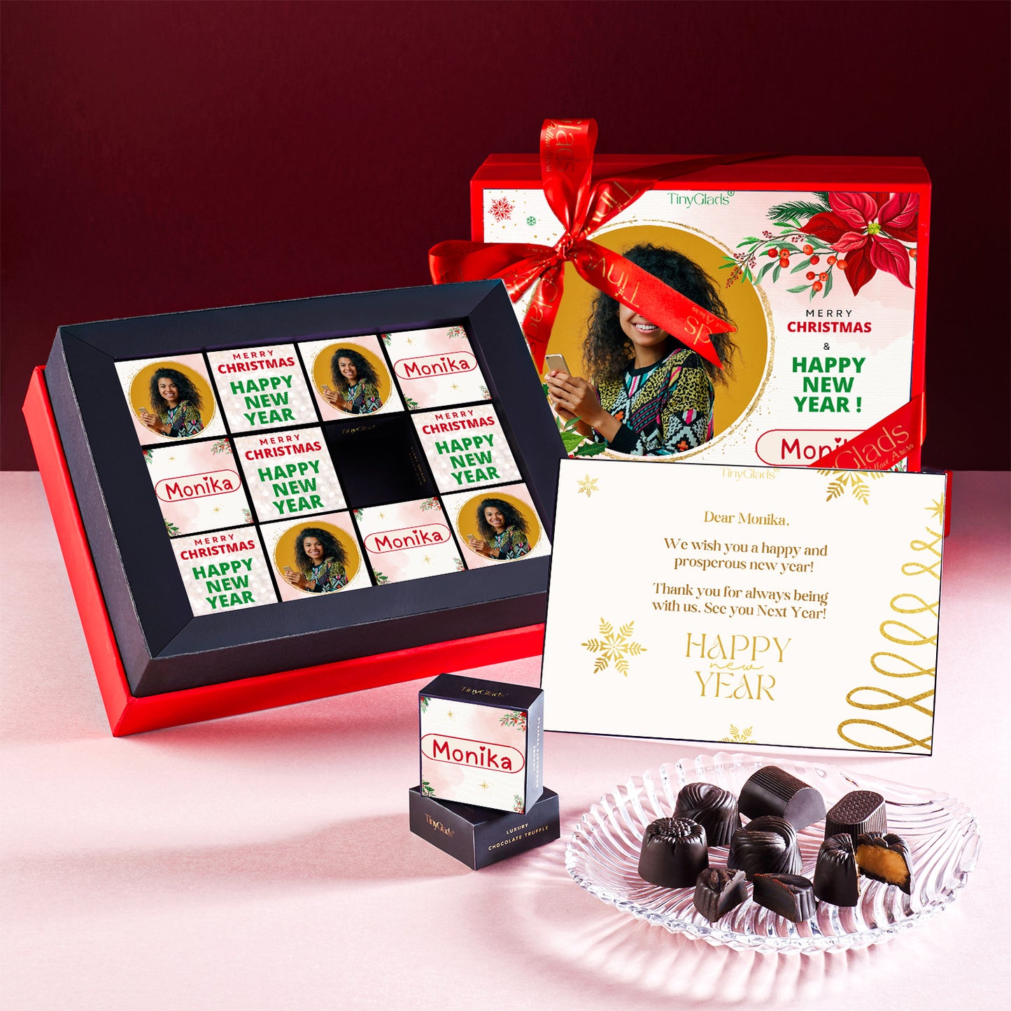 TinyGlads Personalized Red Christmas & New Year Chocolate Gift Box | 12 Gourmet Truffles