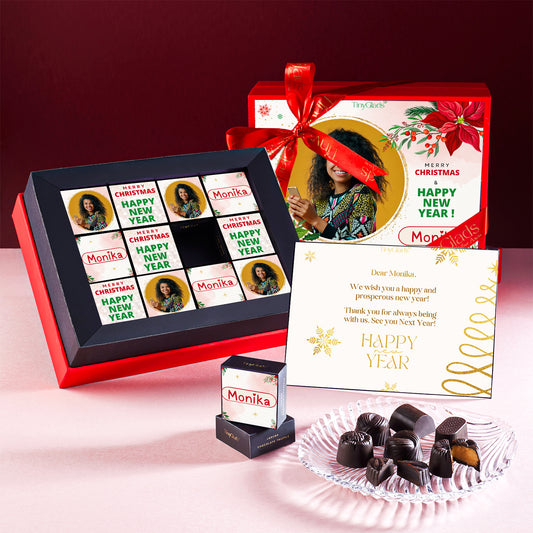 TinyGlads Personalized Red Christmas & New Year Chocolate Gift Box | 12 Gourmet Truffles