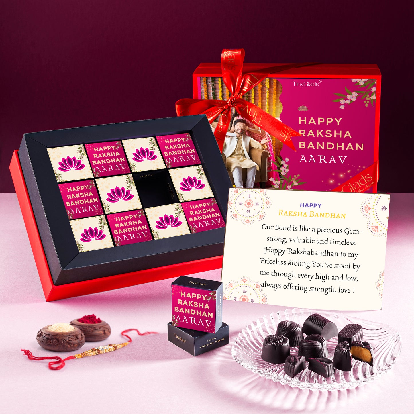 Red Elegance Rakhi Box – Personalized Chocolate & Rakhi Gift Set