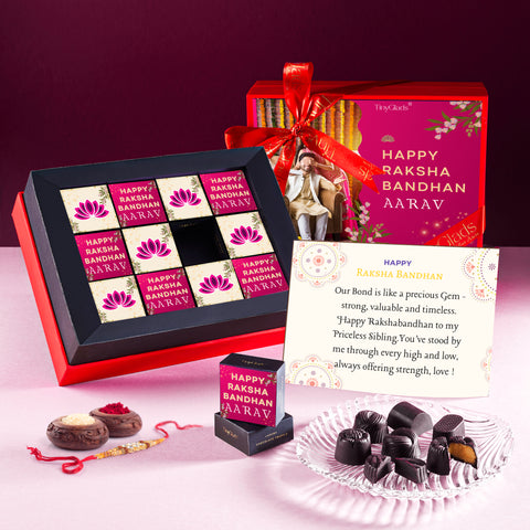 Red Elegance Rakhi Box – Personalized Chocolate & Rakhi Gift Set