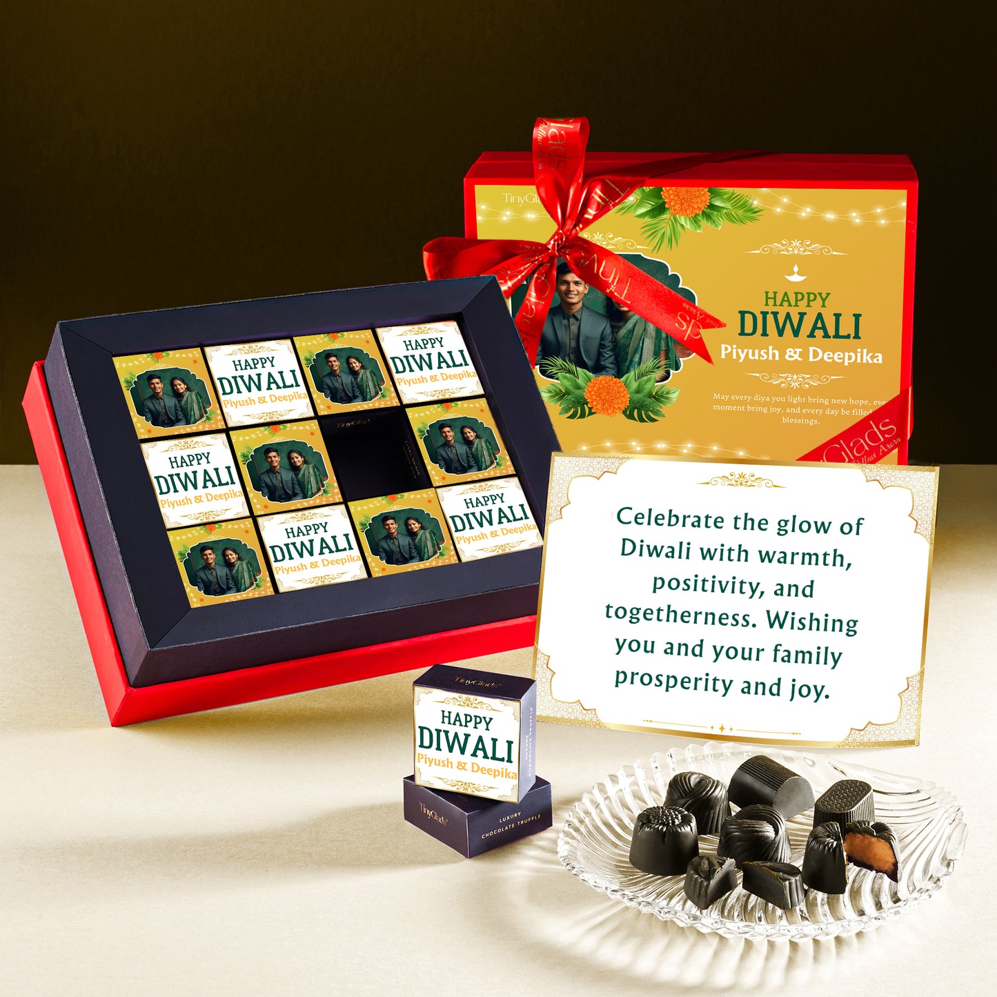 Red Luxury Diwali Photo Chocolate Box – 12 Premium Chocolate Truffles